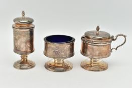 THREE SILVER CONDIMENT PIECES, matching set to include a pepperette, mustard and salt both with blue