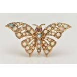 A 9CT GOLD OPAL AND RUBY BUTTERFLY BROOCH, the butterfly body and wings set with circular opal