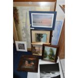 A SMALL QUANTITY OF PAINTINGS AND PRINTS, comprising a maritime ship battle signed Hargreaves, oil