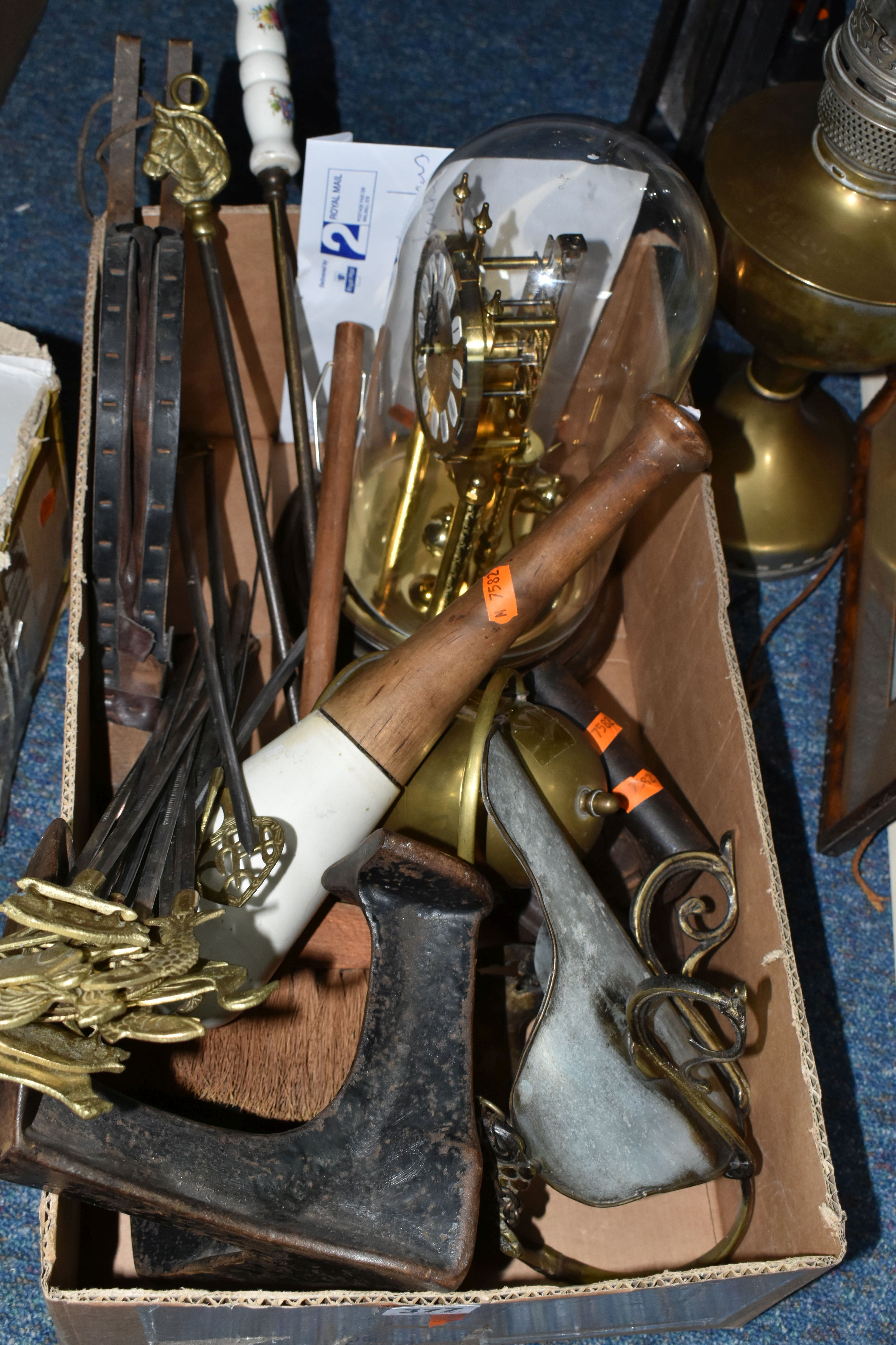 ONE BOX OF METALWARE, to include a large apothecary ceramic pestle with wooden handle, impressed - Image 4 of 6