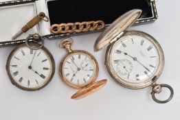 THREE POCKET WATCHES AND A BROOCH, to include an AF manual wind, ladies full hunter pocket watch,