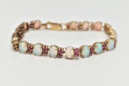 A 9CT GOLD OPAL AND RUBY BRACELET, designed as oval opal cabochons each interspaced by two