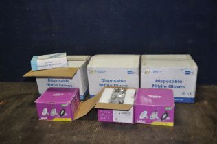 THREE FULL BOXES OF SMALL DISPOSABLE NITRILE GLOVES and three boxes of LED spotlights (6)