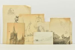 SIX PAGES OF UNSIGNED 19TH CENTURY SKETCHES AND A WATERCOLOUR FRAGMENT, comprising a fragment of a