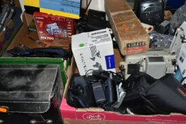 THREE BOXES AND A CAMERA CASE OF CAMERAS, TECHNOLOGY ITEMS, ETC, including a Canon AE-1, a boxed