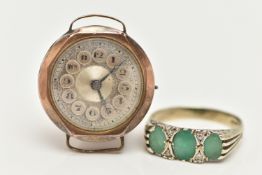A 9CT WHITE GOLD GEM SET RING AND A WATCH HEAD, the ring designed as a row of three oval cut