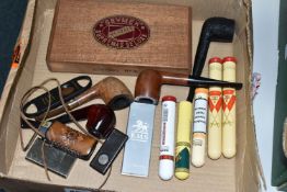 ONE BOX OF SMOKING ITEMS comprising four pipes, two lighters, an empty cigar box, cigar matches, and
