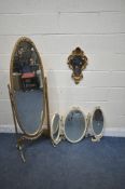 A GILT FRAMED OVAL CHEVAL MIRROR, width 48cm x height 152cm, a small gilt wall mirror and a
