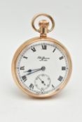 A 9CT GOLD 'J.W.BENSON' OPEN WORK POCKET WATCH, manual wind, round white dial signed 'J.W.Benson