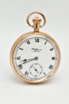 A 9CT GOLD 'J.W.BENSON' OPEN WORK POCKET WATCH, manual wind, round white dial signed 'J.W.Benson