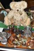 A BOX AND LOOSE TEDDY BEAR, METAL WARE, TREEN AND SUNDRY ITEMS, to include a Charles Horner silver