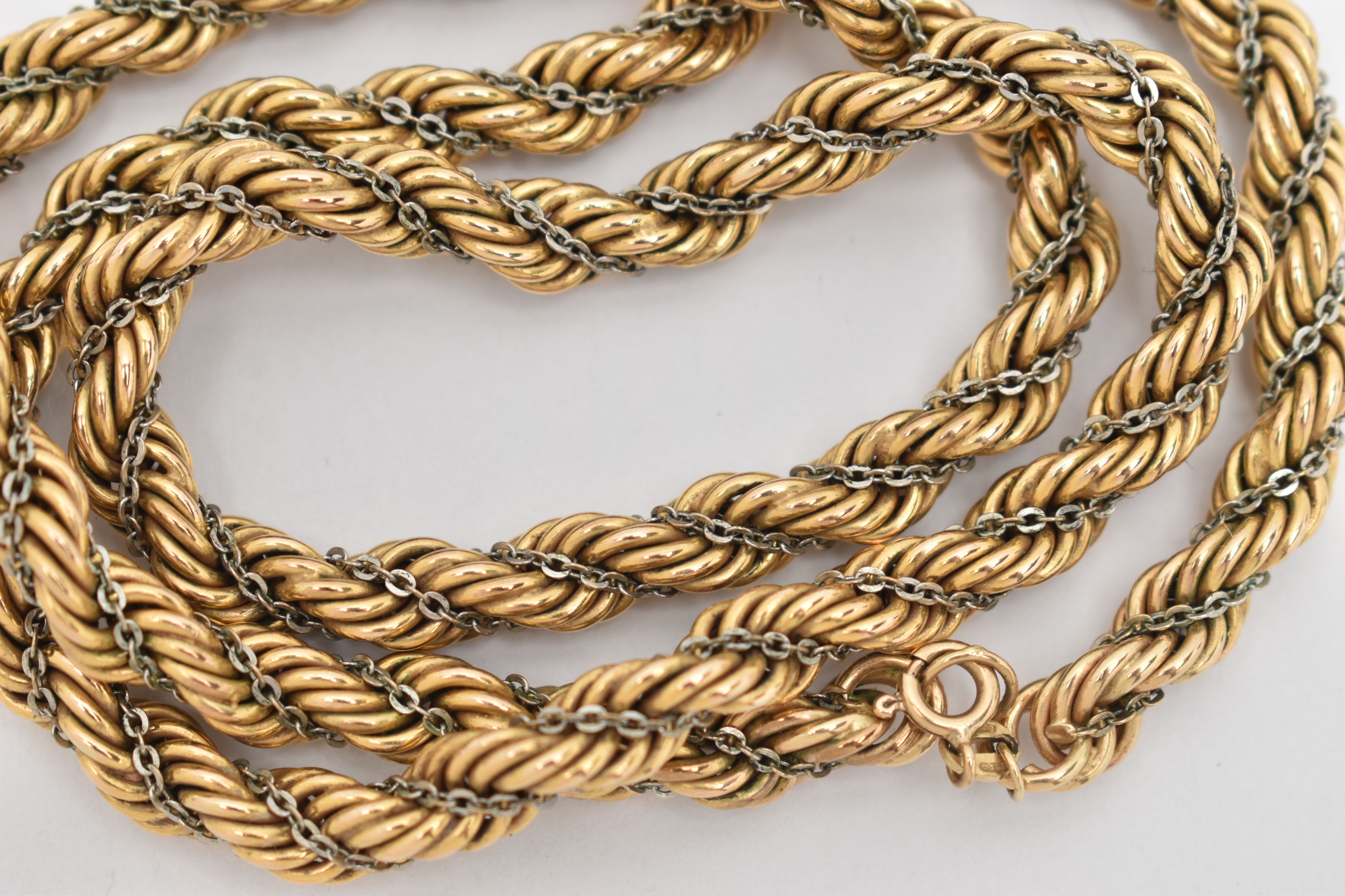 A WHITE AND YELLOW METAL NECKLACE, designed as a yellow metal rope twist chain, with additional - Image 2 of 2
