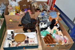 FOUR BOXES AND LOOSE TOYS AND GAMES, to include three Monchhichi style monkeys, a similar jointed