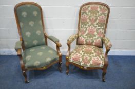 TWO 19TH CENTURY WALNUT FRAMED ARMCHAIRS, one with beige and foliate upholstery, the other with