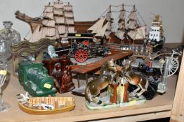 A GROUP OF LARGE ORNAMENTS AND BOOK-ENDS, comprising a mid-century Wade porcelain fishing boat and
