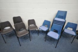 A SET OF TWELVE BLUE PLASTIC STACKING CHAIRS, along with a set of six brown stacking chairs (