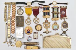 AN ASSORTMENT OF FREEMASONS MEDALS AND OTHER ITEMS, a selection of five silver masonic medals,