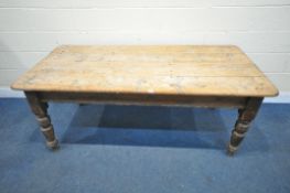A 19TH CENTURY PINE FARMHOUSE TABLE, with a single drawer to one end, on later 20th century turned