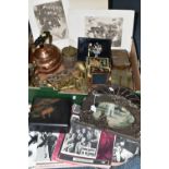 A BOX AND LOOSE, DECORATIVE SCENE IN ACTION VINTAGE LAMP, ASSORTED METALWARES AND PRINTS, ETC,