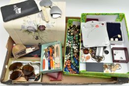 A BOX OF ASSORTED ITEMS, to include a hinged jewellery box with floral detail, encasing a