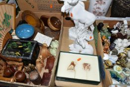 THREE BOXES AND LOOSE CERAMICS, TREEN AND SUNDRY ORNAMENTS, to include a boxed Harmony Kingdom 'Rule