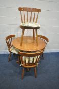 A MODERN CIRCULAR KITCHEN PEDESTAL TABLE, diameter 90cm x height 77cm, along with a set of four
