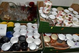 FIVE BOXES OF CERAMICS AND GLASS WARES, to include five Emma Bridgewater canisters with sponged