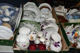 FIVE BOXES OF TEA AND DINNER WARES, to include a thirty one piece Johnson Bros Eternal Beau dinner