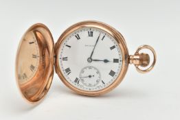AN EARLY 20TH CENTURY, 9CT GOLD FULL HUNTER POCKET WATCH, manual wind, round white dial signed '