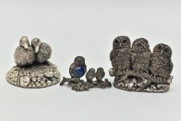 TWO 'COUNTRY ARTISTS' SILVER FIGURINES, the first of three owls sat on a branch, hallmarked 'Country