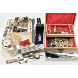 A BOX OF ASSORTED JEWELLERY AND OTHER ITEMS, to include a hinged jewellery box encasing a