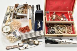 A BOX OF ASSORTED JEWELLERY AND OTHER ITEMS, to include a hinged jewellery box encasing a