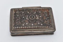 AN EARLY 18TH CENTURY TORTOISESHELL PIQUE INLAID SNUFF BOX OF RECTANGULAR CUSHION MOULDED FORM,