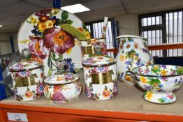 A QUANTITY OF MACKENZIE-CHILDS 'FLOWER MARKET' DESIGN KITCHENWARE, hand decorated enamelware with