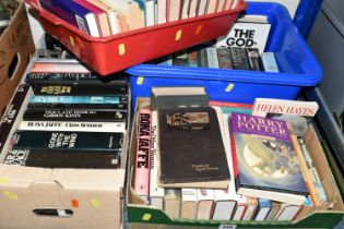 FOUR BOXES OF BOOKS containing approximately seventy miscellaneous titles in hardback and