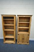 TWO CORONA PINE OPEN BOOKCASES, one with four adjustable shelves, the other with two shelves and two