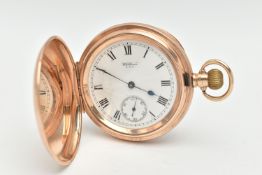 AN EARLY 20TH CENTURY 9CT GOLD, FULL HUNTER POCKET WATCH, manual wind, round white dial signed '