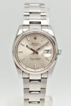 A 'ROLEX' OYSTER PERPETUAL DATE WRISTWATCH, automatic movement, round silvered dial signed 'Rolex'
