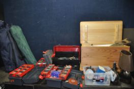 A WOODEN CHEST AND FOUR TOOLBOXES CONTAINING TOOLS and three folding camping chairs along with