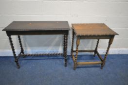 TWO 20TH CENTURY OAK BARLEY TWIST SIDE TABLES, largest width 92cm x depth 38cm x height 77cm (