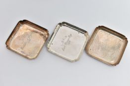 THREE SILVER PRESENTATION DISHES, each of a square form, personal engravings to each reading 'L.S.