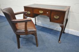 A 20TH CENTURY MAHOGANY KNEE HOLE DESK, with blue tooled leather writing surface, fitted with