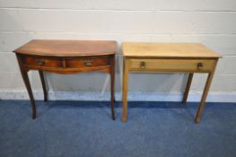 A 20TH CENTURY MAHOGANY BOW FRONT SIDE TABLE, with two frieze drawers, on cabriole legs, width
