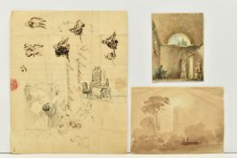 THREE UNSIGNED 19TH CENTURY ENGLISH SCHOOL PICTURES AND SKETCHES, comprising a watercolour depicting