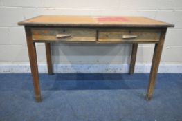 A 20TH CENTURY BEECH TABLE, with two frieze drawers, length 122cm x depth 69cm x height 77cm (
