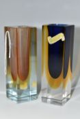 TWO MID-CENTURY MURANO GLASS VASES, rectangular form Sommerso vases with original yellow and