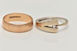 A 9CT GOLD BAND RING AND A DIAMOND SET BAND RING, a rose gold plain band ring, approximate width