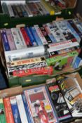FIVE BOXES OF VHS TAPES, to include feature films, TV, music, transport including aeroplanes,