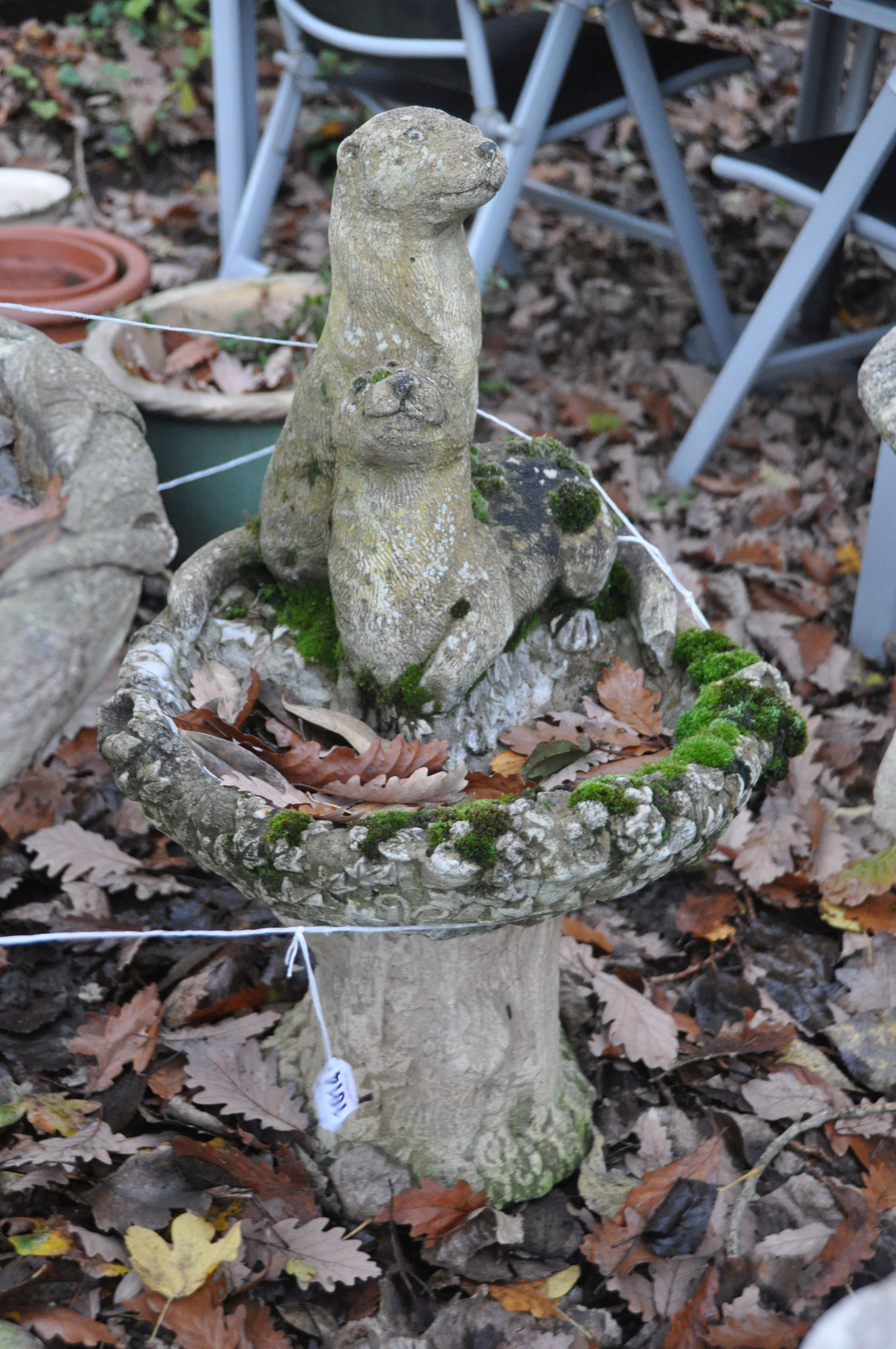 A WEATHERED COMPOSITE BIRD BATH, of a tree type form, diameter 47cm x height 62cm, and another - Image 3 of 3