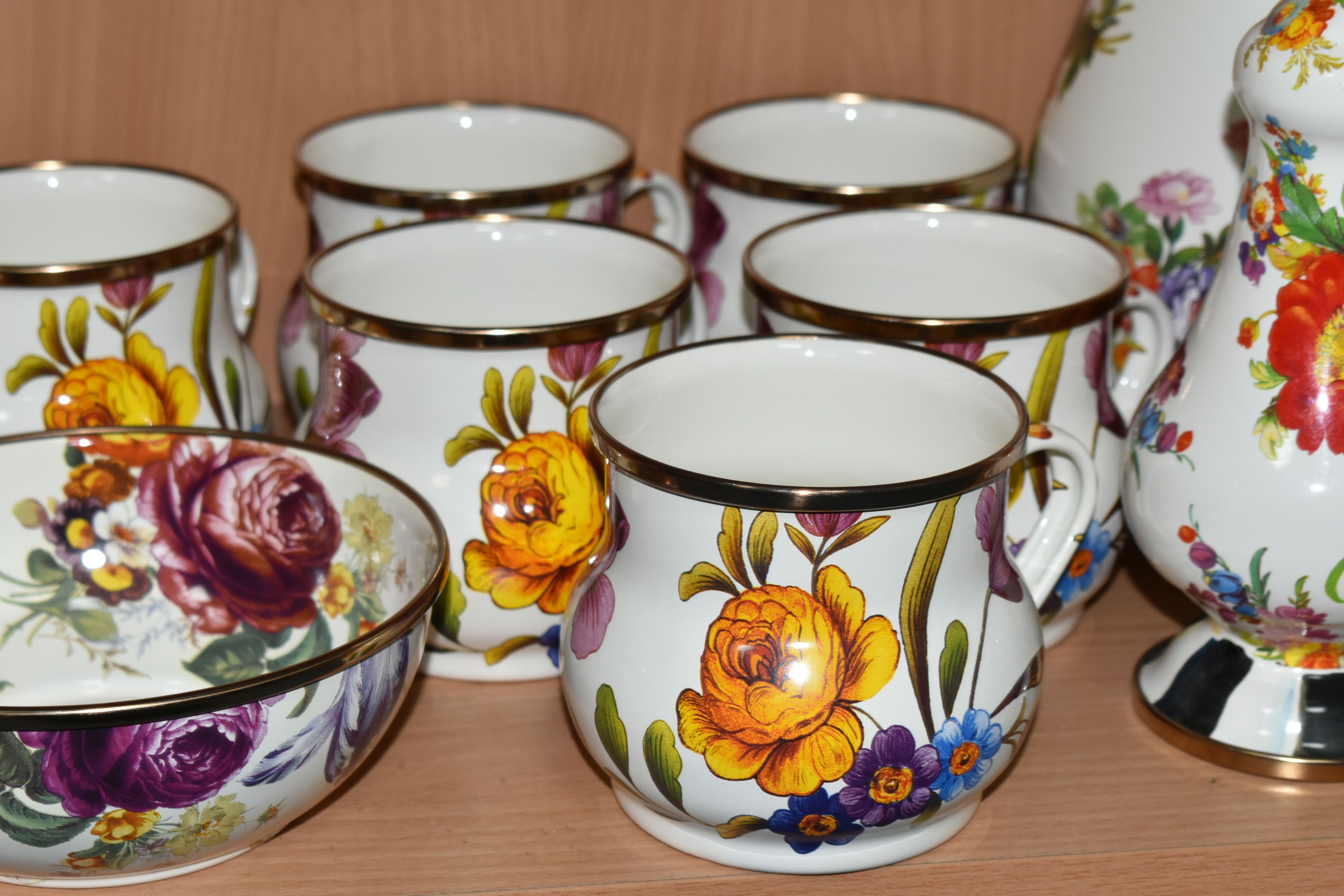 A COLLECTION OF MACKENZIE-CHILDS 'FLOWER MARKET' DESIGN MUGS, hand decorated enamelware with - Image 3 of 7